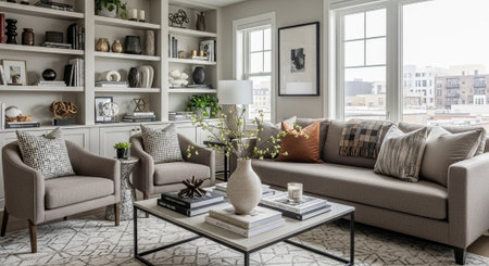Modern living room with brown sofa, coffee table and bookshelvesの写真素材