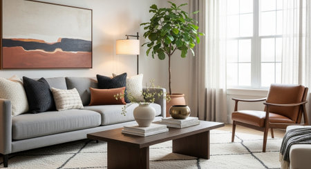 Living room interior with sofa, armchairs and coffee table. 3d render