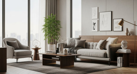Modern living room interior with sofa, coffee table and bookshelf. 3d rendering