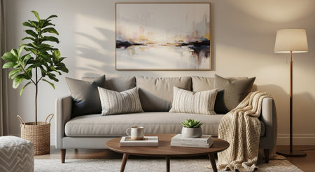 Living room interior with sofa, coffee table, coffee cup, plant and poster. 3d render