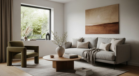 Modern living room interior design with sofa and coffee table. 3d render