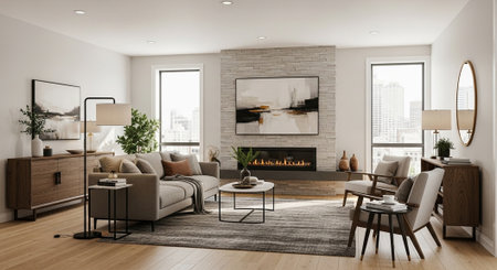 Modern living room interior design with fireplace and armchairs. 3d rendering