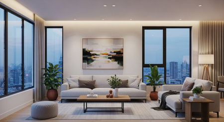 Interior of modern living room with panoramic city view 3D rendering
