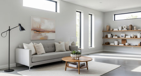 Interior of modern living room with white sofa, coffee table and bookshelf. 3d renderの写真素材