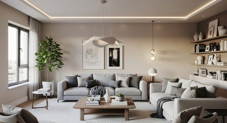 Living room with beige walls, sofa and coffee table. 3d rendering