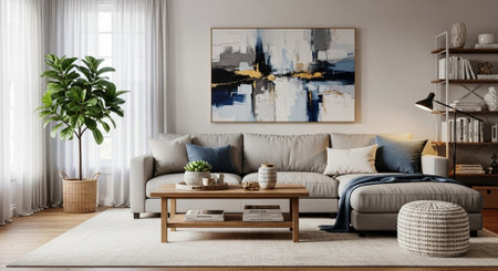 Modern living room interior design. 3d render illustration mock up.