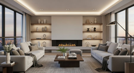 Interior of modern living room with fireplace, sofa and coffee table. 3D rendering