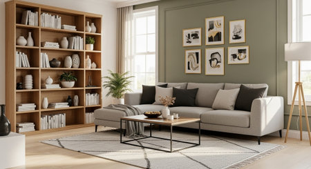 Living room interior with sofa, coffee table and bookshelf. 3d render