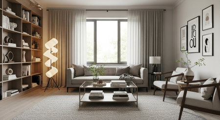 Interior of modern living room with sofa 3D Illustration.