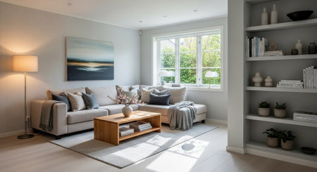 Interior of modern living room with grey sofa, coffee table and bookshelf