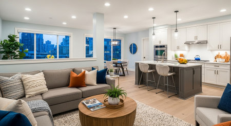 Luxury living room with kitchen and dining area. Nobody inside