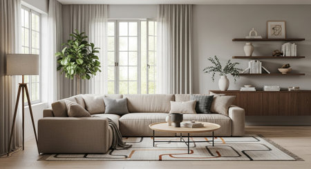 Interior of modern living room with brown sofa 3d render illustration