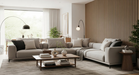 Modern living room interior design with sofa and coffee table 3D rendering
