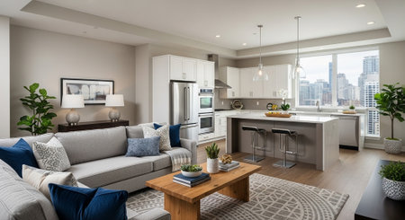 Interior of modern living room with kitchen and dining area. Nobody inside