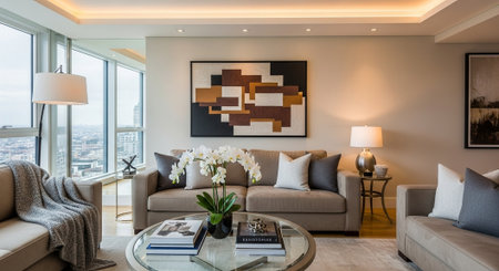 Luxury living room interior with beige sofa and coffee table