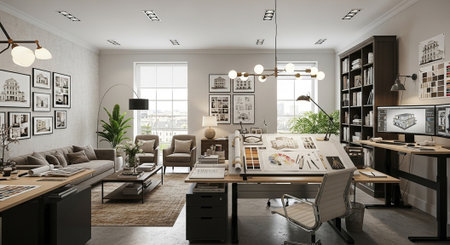 3d Illustration of a modern office interior design. Living room and office.