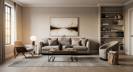 Living room interior with brown sofa, coffee table and bookcase. 3d rendering