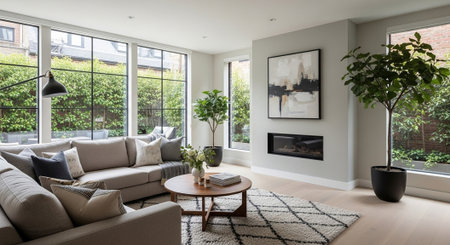 Interior of modern living room with fireplace, sofa and plants. Nobody inside