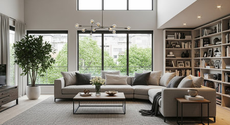 Modern living room interior design 3d rendering image.There are bookshelves, coffee table and sofa.