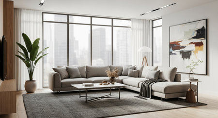 Interior of modern living room with white walls, wooden floor, comfortable gray sofa and coffee...
