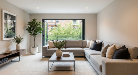 Interior of a modern living room with a sofa and a coffee table
