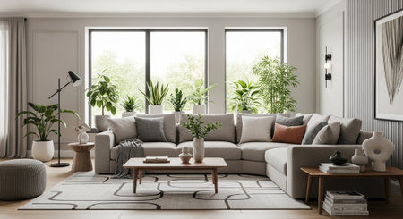 Living room interior with sofa, coffee table and plants. 3d rendering