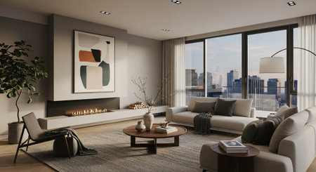 modern bright interiors apartment Living room 3D rendering computer generated image