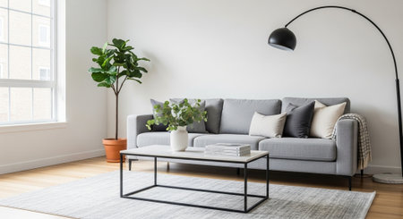 Modern living room interior design with grey sofa, coffee table and plant