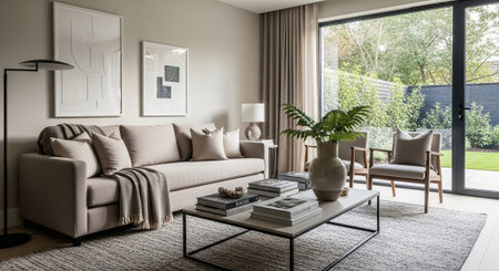 Living room interior design with brown sofa, coffee table and cushions