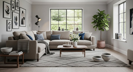 Modern living room interior design. 3d render illustration mock up.