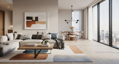 Modern living room interior design with sofa, coffee table and city view. 3D Rendering