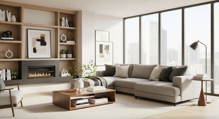 Interior of modern living room with white walls, carpeted floor, comfortable sofa and bookcase with...