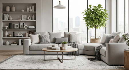 Modern living room interior with sofa and coffee table, 3d render