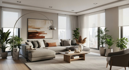 Interior of modern living room 3D rendering.There are living room, living room, dining area, coffee...