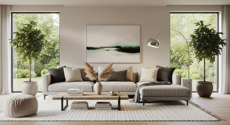 Modern bright interiors 3D rendering illustration. Living room with sofa