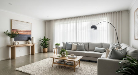 interior of modern living room with sofa, coffee table and plant