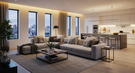 3d Illustration of a modern living room with a beautiful view