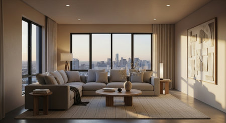 Luxury living room with a panoramic view of the city. 3D rendering