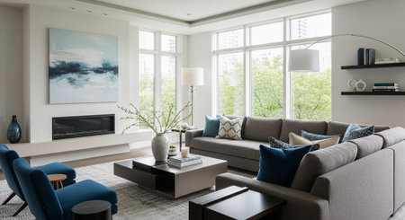 Modern living room interior design with blue sofa, coffee table and plants. 3d render