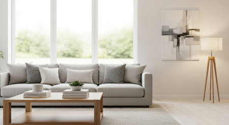 interior modern bright living room with grey sofa 3D rendering illustration