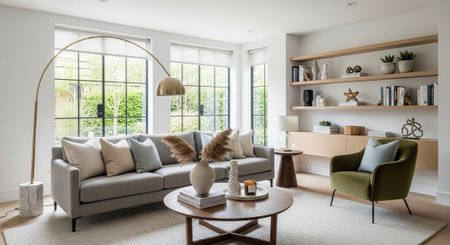 Living room interior design with sofa, coffee table and bookshelves