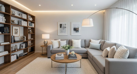 Luxury living room with sofa, bookshelf and coffee table