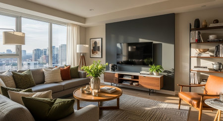 Luxury living room with tv, sofa and coffee table. Nobody inside