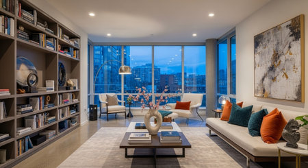 Luxury living room interior with a panoramic view of the city