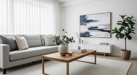 Modern living room interior design with sofa, coffee table and plants. 3d renderの写真素材