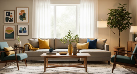 Modern living room interior design with sofa, coffee table, coffee table and picture frames