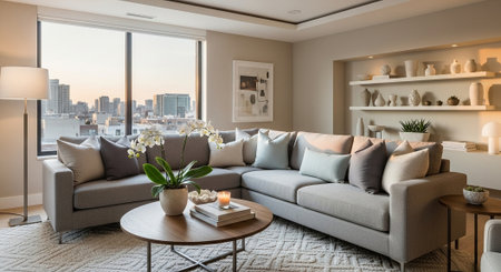Luxury living room interior with sofa, coffee table and books