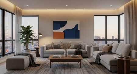 Modern living room interior design with brown sofa, wooden coffee table, coffee table and city view....