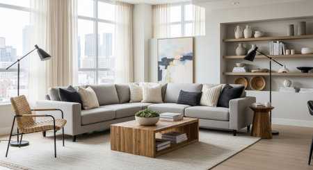 Modern living room interior design with sofa and coffee table. 3d render