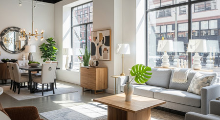 interior of modern living room with sofa, coffee table and plants